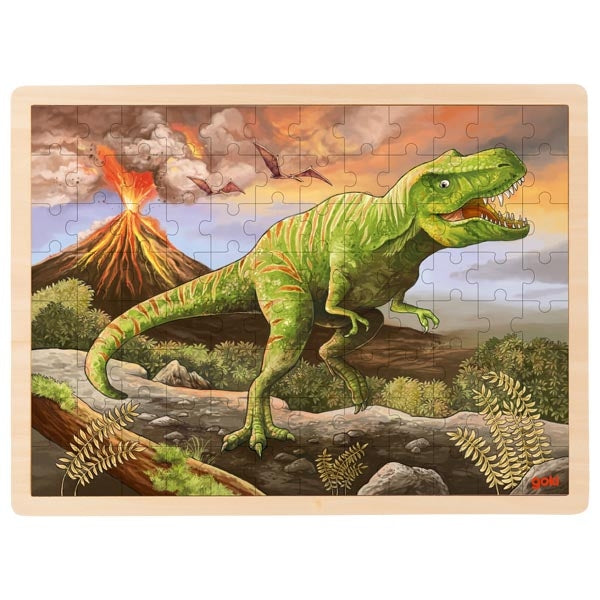Dinosaur puzzle with T-Rex and volcano background