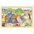 Children's puzzle with a construction scene featuring a bulldozer and workers.