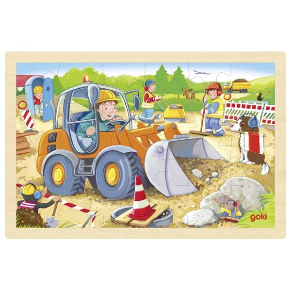 Children's puzzle with a construction scene featuring a bulldozer and workers.