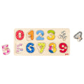 Wooden puzzle with colorful numbers and animal shapes on a white background