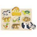 Wooden puzzle with animal figures on a white background
