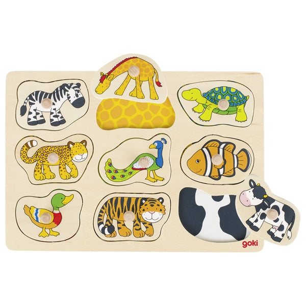 Wooden puzzle with animal figures on a white background