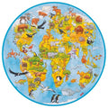 Round world map puzzle with animals on a white background