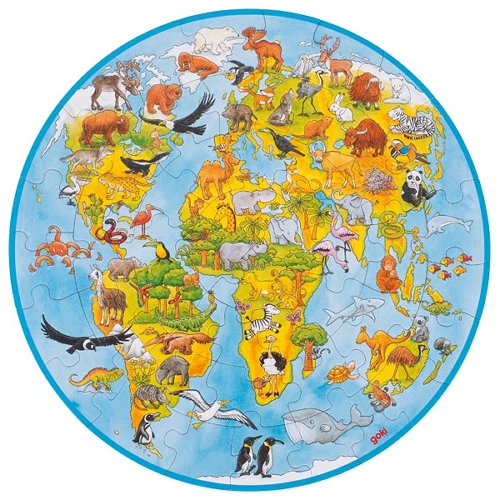 Round world map puzzle with animals on a white background