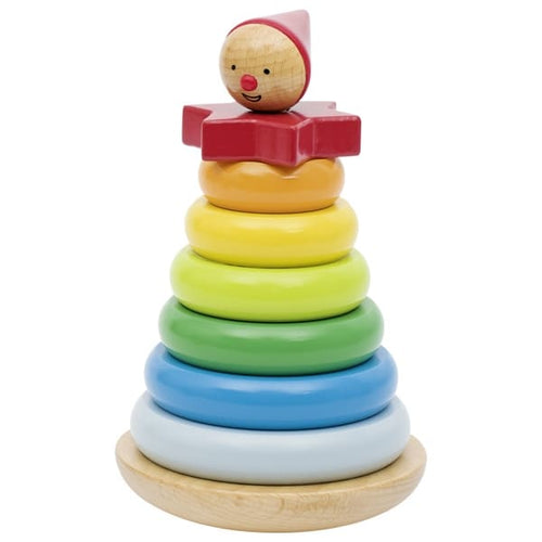 Wooden stacking toy with colorful rings and a clown figure on top against a white background