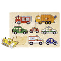 Wooden puzzle with colorful toy vehicle pieces on a beige background