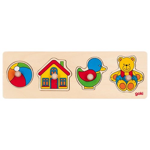 Wooden puzzle with colorful shapes including a house, bird, and bear, on a white background.