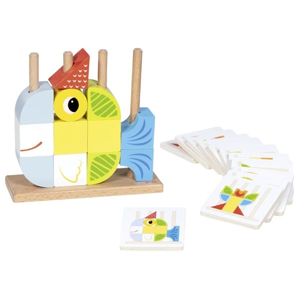 Wooden puzzle with colorful owl design and matching cards on a white background