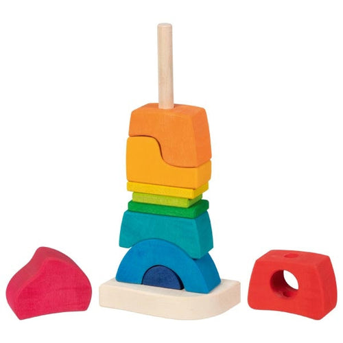 Colorful wooden stacking toy with different shapes on a white background