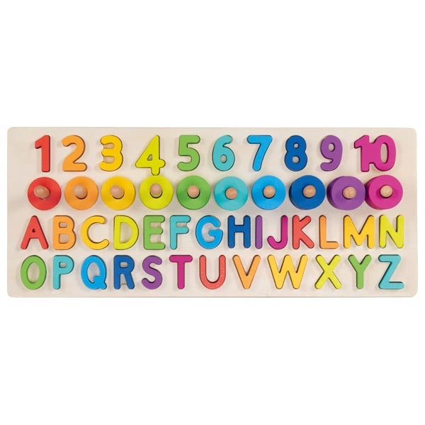 Colorful wooden puzzle with numbers and letters on a white background