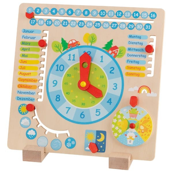 Wooden educational toy with a clock and calendar, featuring colorful numbers and days of the week.