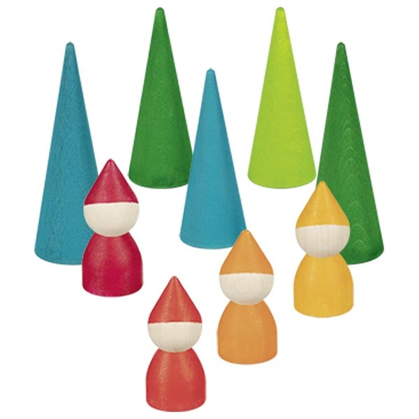 Set of colorful wooden gnomes with green and blue hats on a white background