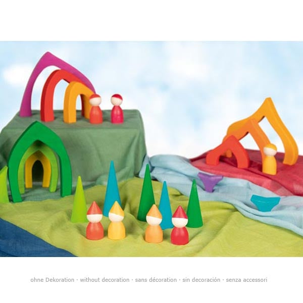 Colorful wooden toy set with arches, figures, and trees on a plain background