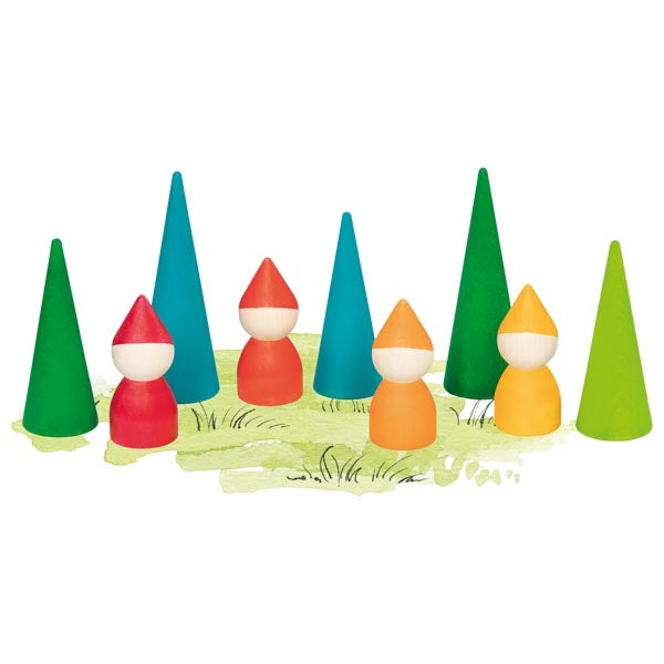 Colorful wooden gnomes and trees on a white background