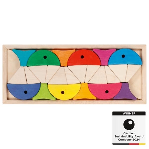 Colorful wooden puzzle with a 'Winner' label for German Sustainability Award Company 2024 on a white background