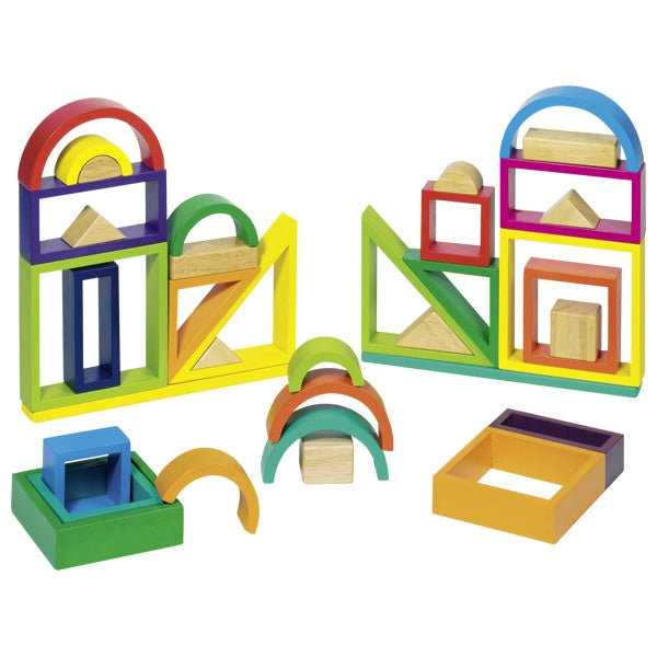 Colorful wooden building blocks set on a white background