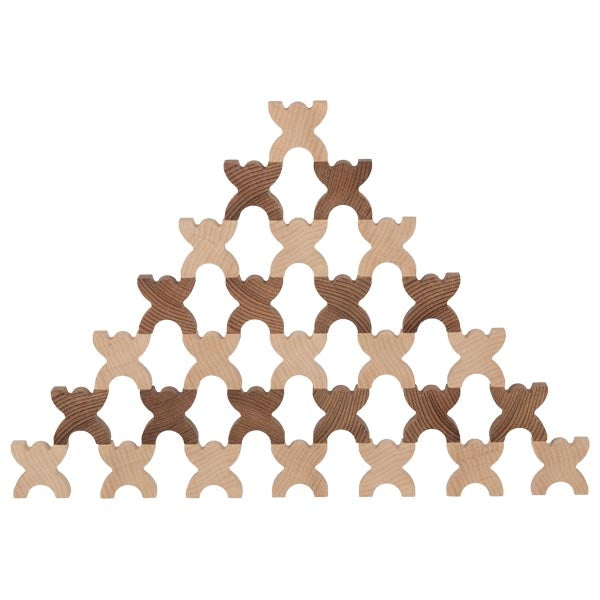Wooden puzzle pieces arranged in a pyramid shape on a white background