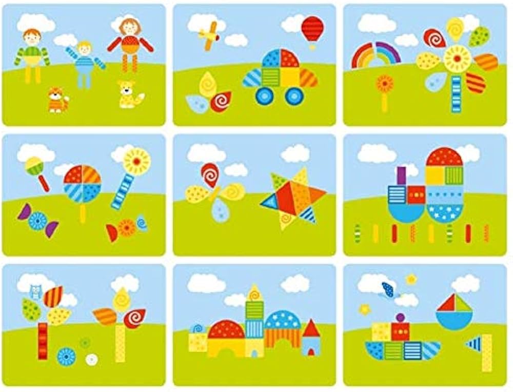 Set of nine colorful children's illustrations featuring toys and nature on a green field with blue sky.