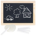Small chalkboard with white chalk drawings of a sun, tree, house, and car, accompanied by a white chalk holder and additional chalk sticks on a white background.