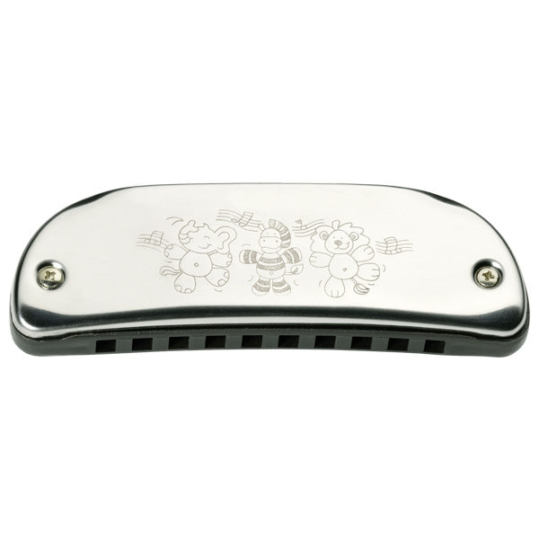 Metallic harmonica with engraved design on a white background