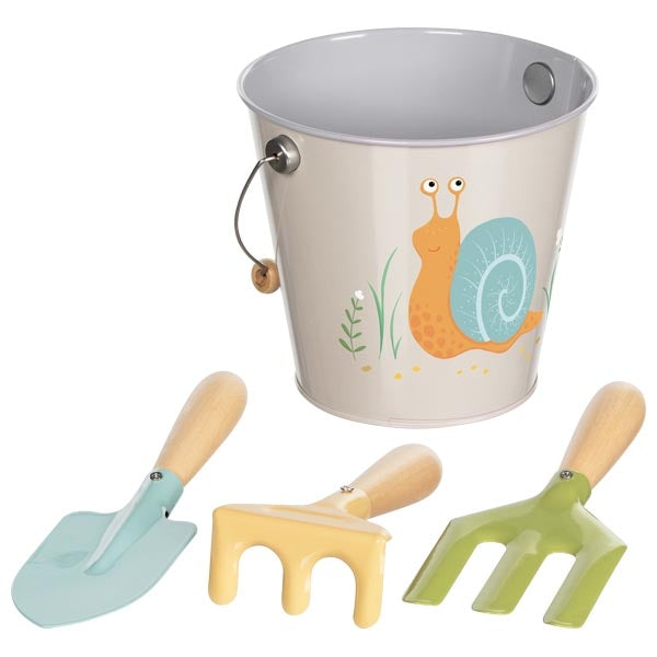Bucket with garden tools, snail design