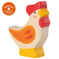 Wooden rooster toy with red comb and yellow feet on a white background, featuring the 'spiel gut' logo.