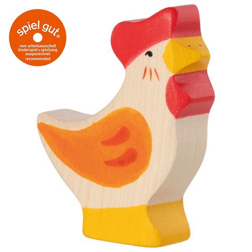 Wooden rooster toy with red comb and yellow feet on a white background, featuring the 'spiel gut' logo.