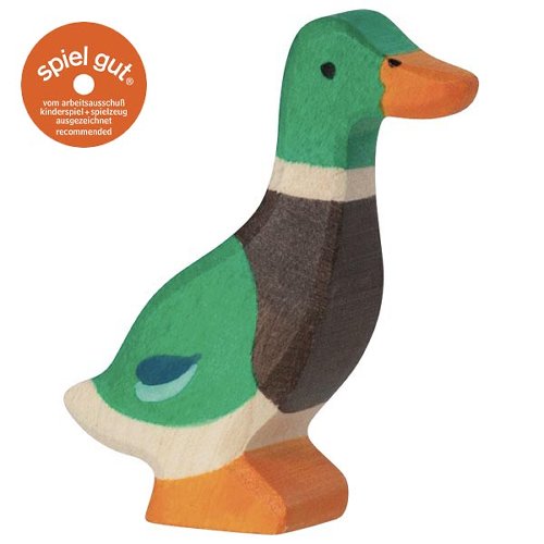 Wooden duck figurine with green, brown, and yellow colors on a white background