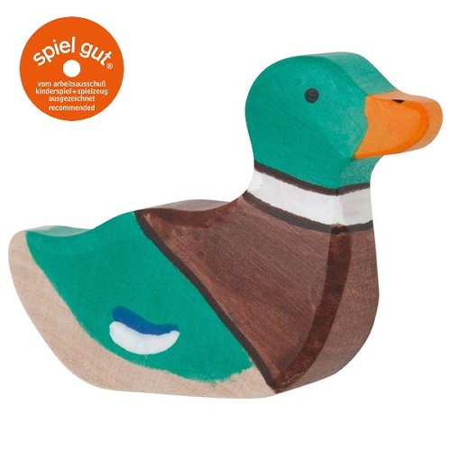Wooden duck toy with green body, brown wings, and orange beak on a white background