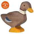Wooden duck figurine with a brown body, yellow feet, and a blue and gray wing on a white background.