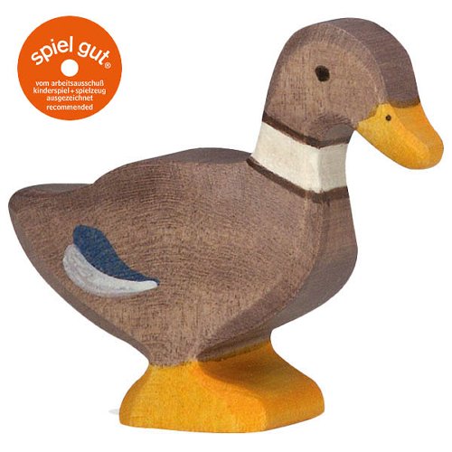 Wooden duck figurine with a brown body, yellow feet, and a blue and gray wing on a white background.