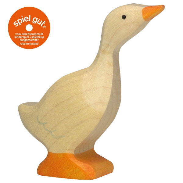 Wooden goose toy with orange beak and feet, branded 'spiel gut' on a white background