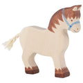 Wooden horse figure with a blue bridle on a white background