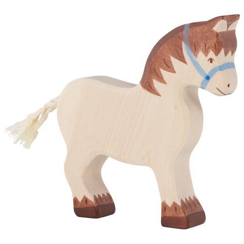 Wooden horse figure with a blue bridle on a white background