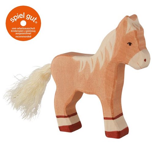 Wooden horse toy with a white mane and tail on a white background