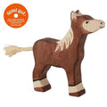 Wooden horse toy with a brown body and beige mane on a white background