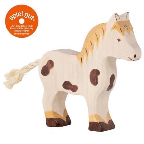 Wooden horse toy with brown patches and a yellow mane, featuring the 'spiel gut' logo.