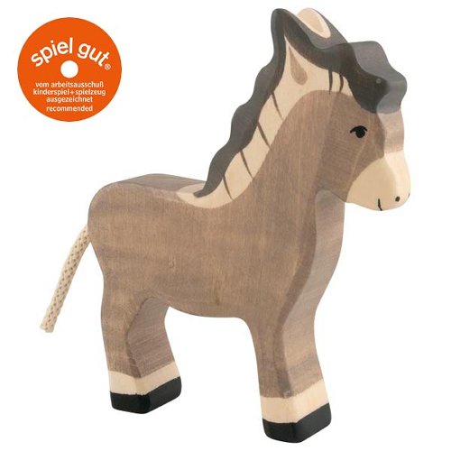 Wooden horse toy with a white face and brown body on a white background
