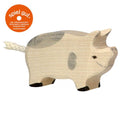 Wooden pig toy with 'spiel gut' logo on a white background