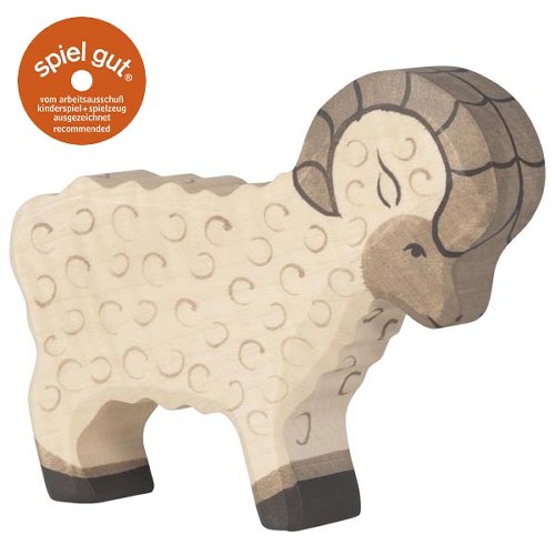 Wooden ram figurine on a white background