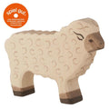 Wooden sheep toy with 'spiel gut' logo on a white background