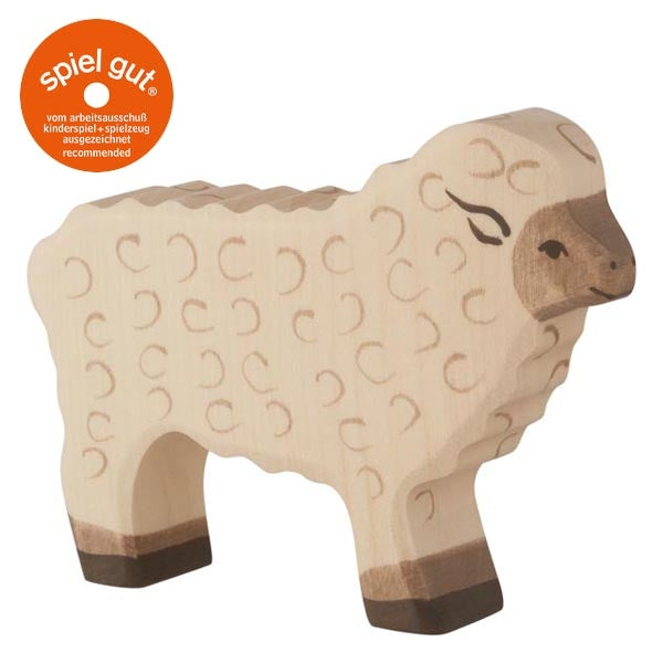 Wooden sheep toy with 'spiel gut' logo on a white background