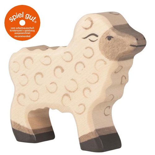 Wooden lamb toy with 'spiel gut' logo on a white background