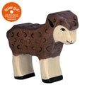Wooden toy sheep with brown wool and white face, featuring 'spiel gut.' logo.