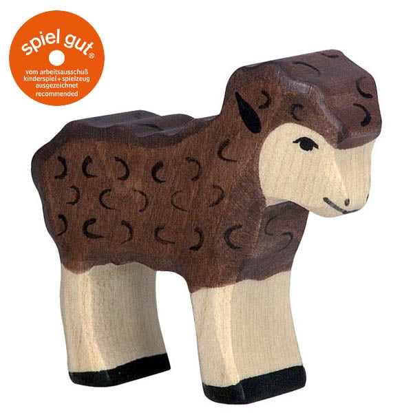 Wooden toy sheep with brown wool and white face, featuring 'spiel gut.' logo.
