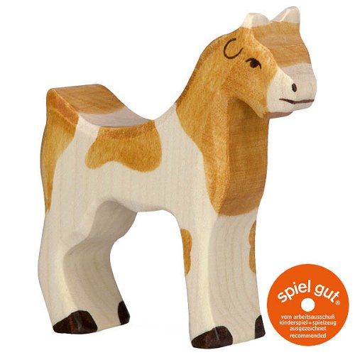 Wooden goat toy with 'spiel gut' certification logo on a white background