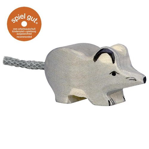 Wooden mouse toy with 'spiel gut' certification logo on a white background
