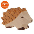 Wooden hedgehog toy with 'spiel gut' logo on a white background