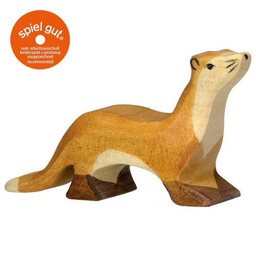 Wooden figurine of a weasel on a white background