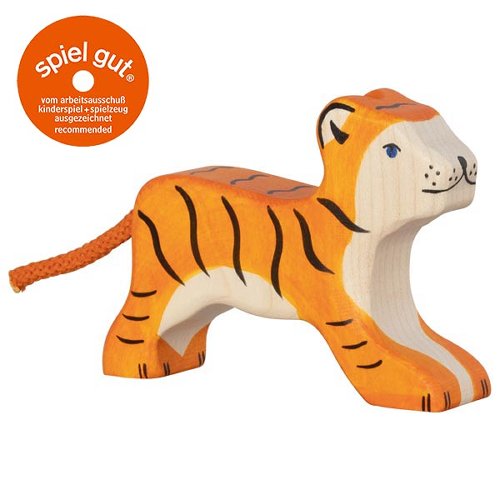 Wooden tiger toy with 'spiel gut' certification logo on a white background